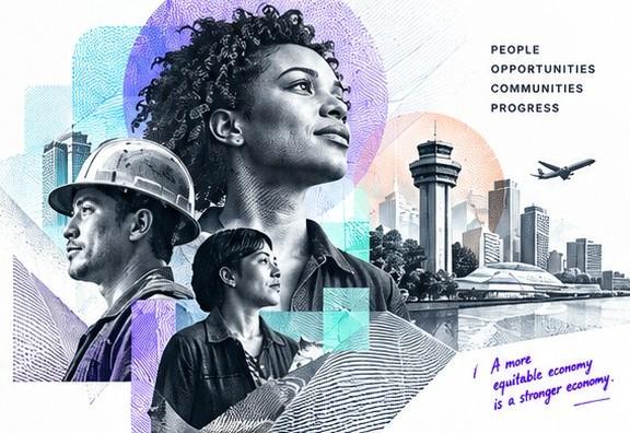 Entrepreneurs and community infrastructure: an entrepreneur, a construction worker, a small business owner, an airport and a city skyline